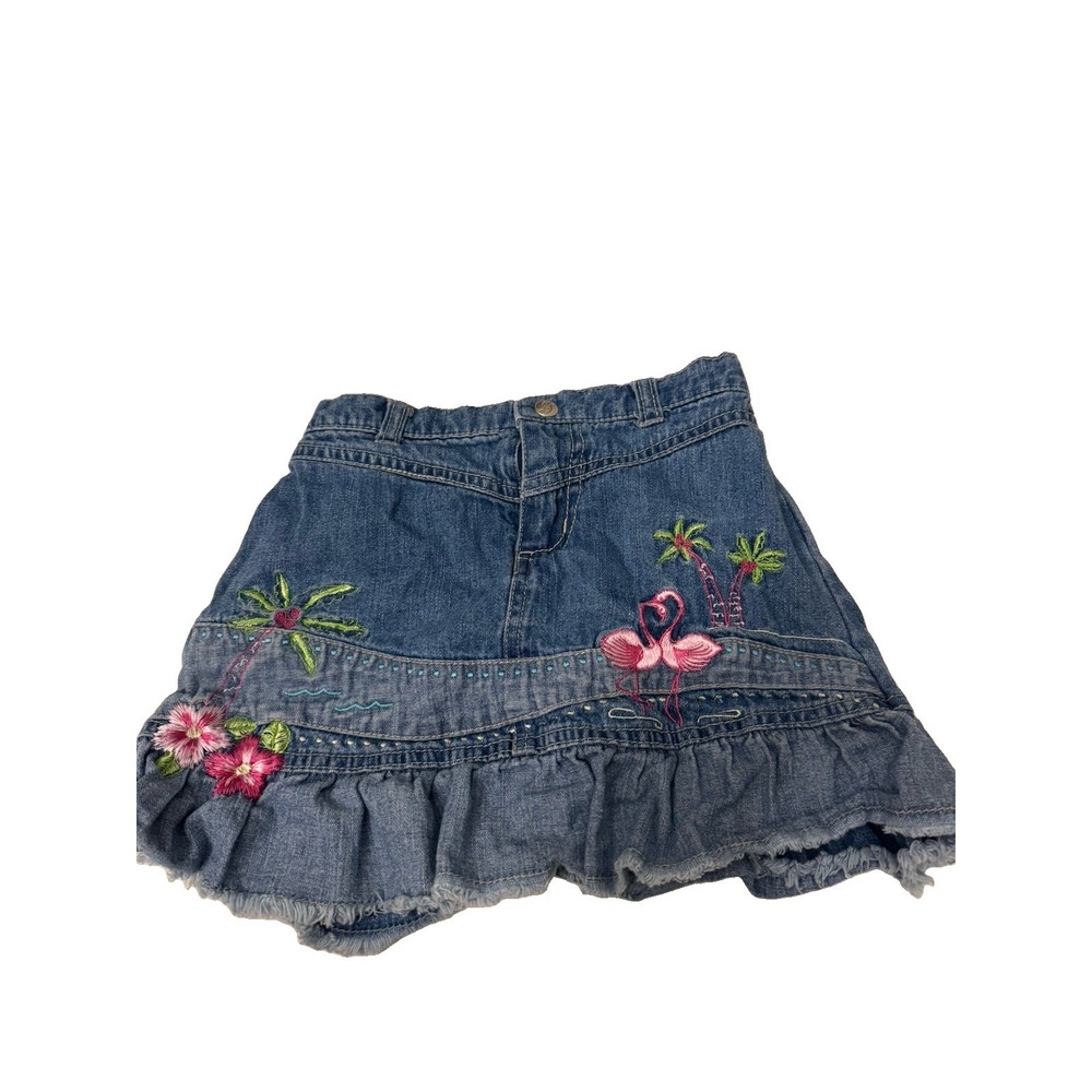 Vintage Y2K Faded Glory Girls Sz 5t Denim Skirt Flamingo Embroidered Ruffle Hem